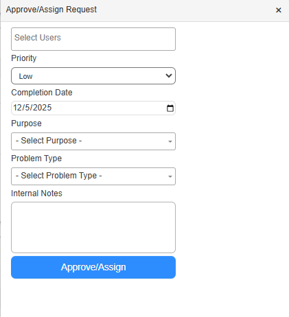 Approve/Assign Request pop-up